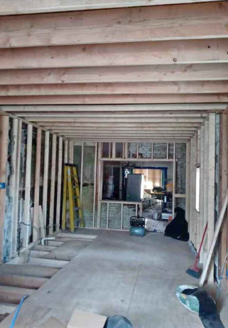 Basement stripped to framing with ceiling joists exposed