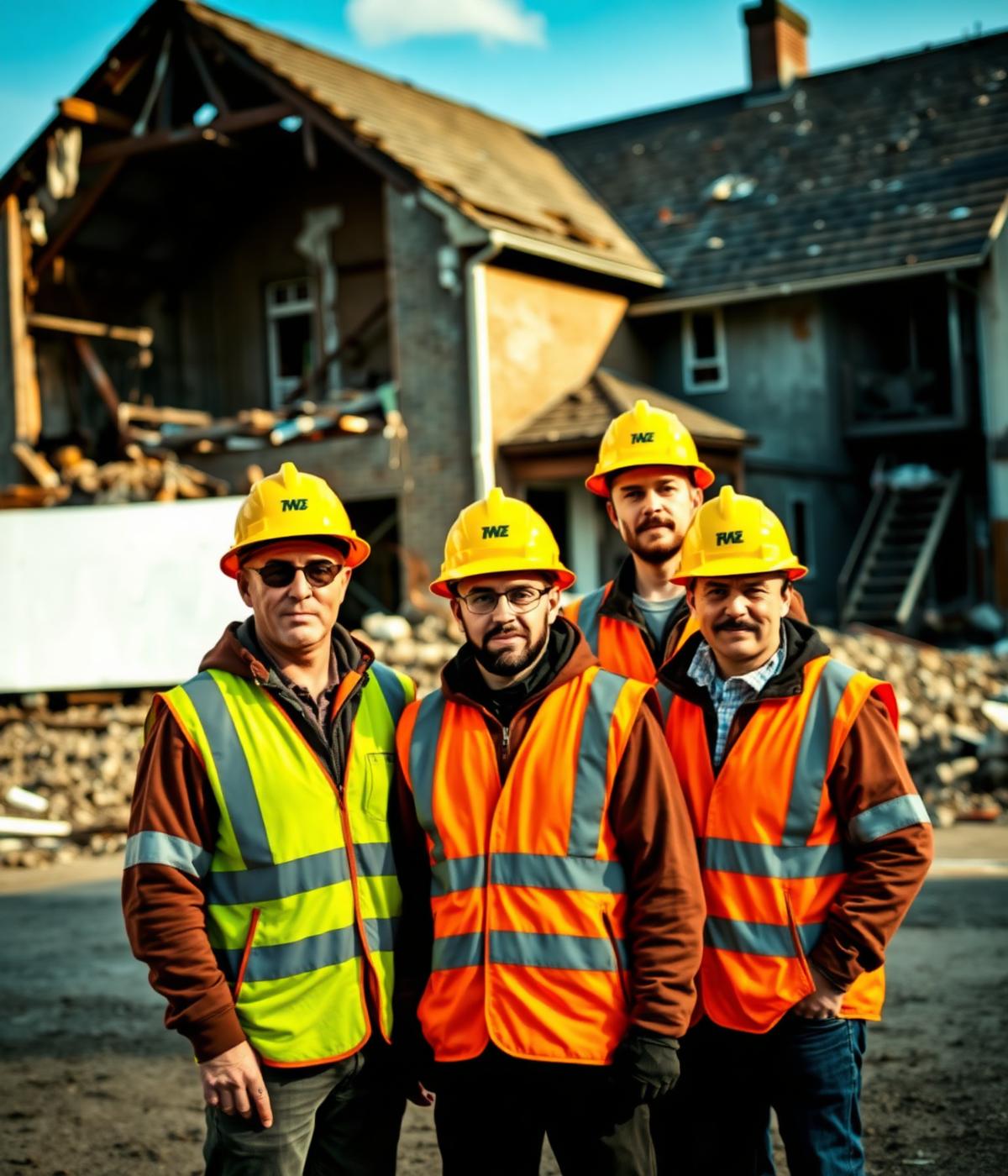 CoreCut Demolition crew in high-visibility vests and hard hats at a residential teardown site