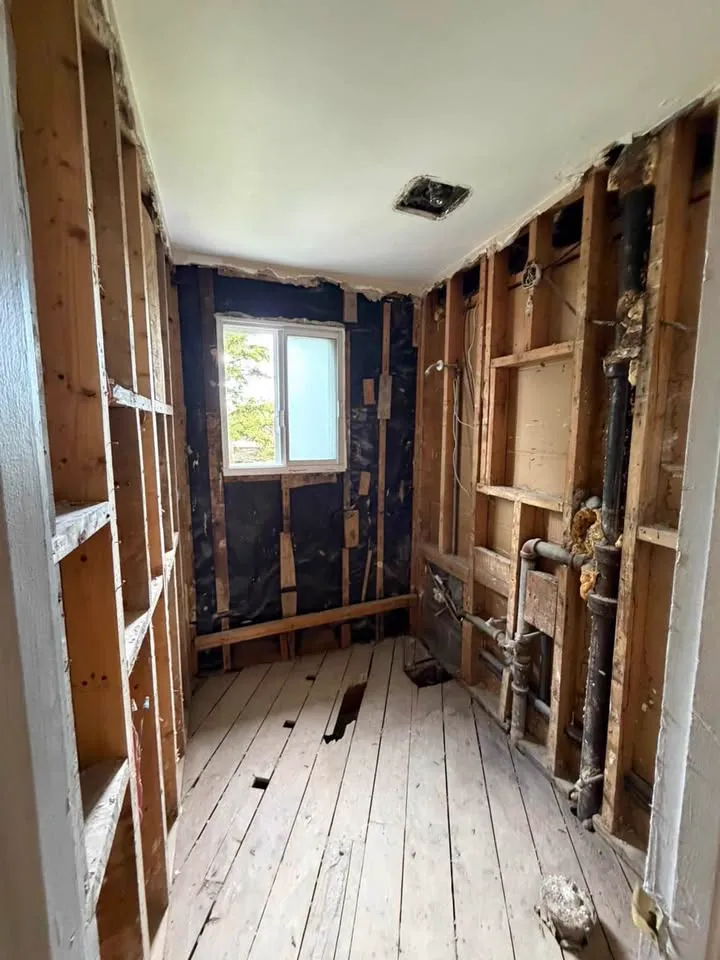 Narrow room gutted to studs and insulation above original plank flooring