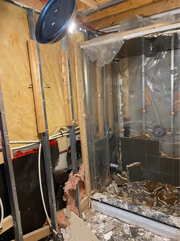 Shower enclosure demolished down to steel studs with glass panels still standing