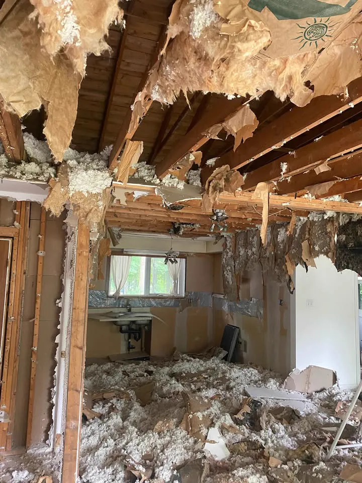Kitchen seen through an opened wall with insulation hanging from the ceiling