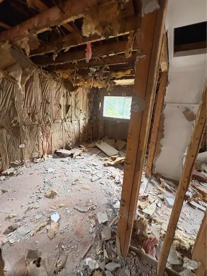 Room stripped to studs with insulation and debris on the floor