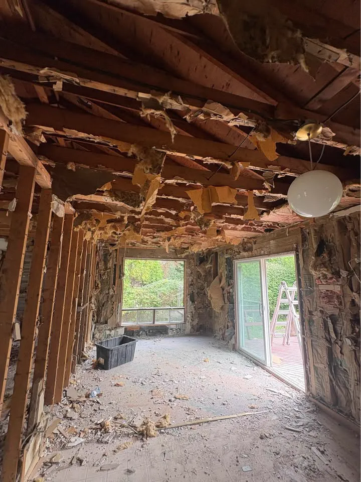 Room gutted to the ceiling joists with patio doors at the far end